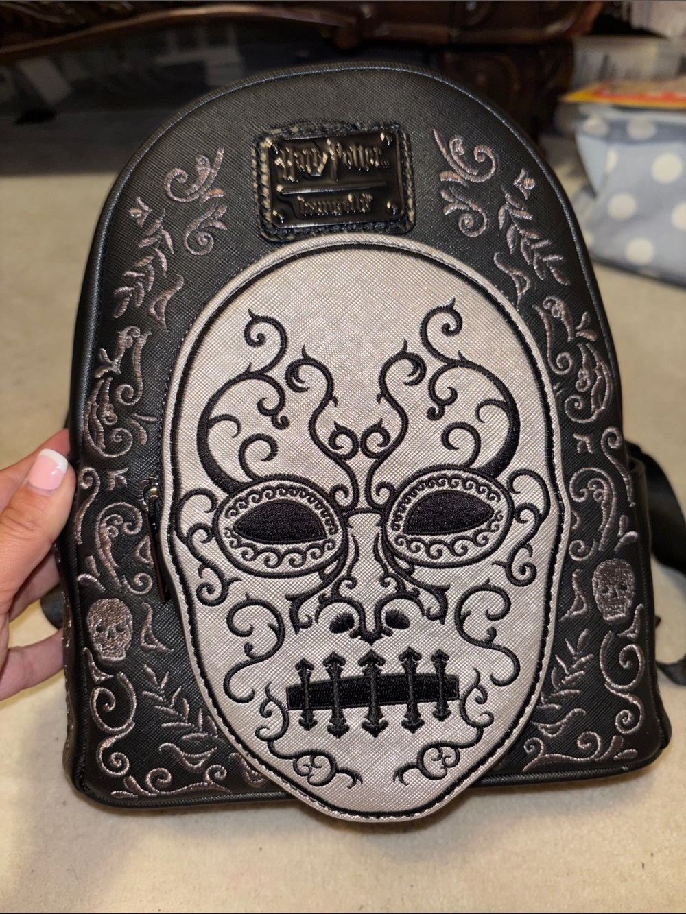 Loungefly Black and Silver Embroidered Sugar Skull Mini Backpack